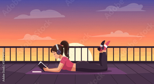 Girl Relaxing With Book And Headphones On Rooftop At Sunset Illustration