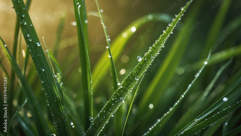 Close-up of grass with dew drops, green blades of grass, morning dew, fresh nature, Macro photography, water droplets on grass blades. Close-up of grass with dew drops, green blades of grass, morning dew, fresh nature, Macro photography, water droplets on grass blades.