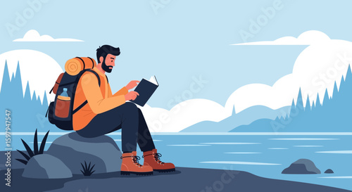 Man Reads a Book While Resting After Hiking On Top of a Stone
