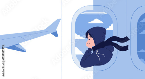 Girl Sleeping Peacefully On Airplane Watching Clouds Through The Window