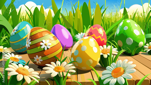 Colorful easter eggs and daisies on a wooden surface under a bright blue sky with fluffy white clouds