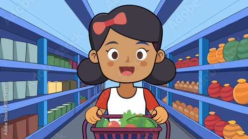 A young girl with a bow shopping in a supermarket aisle with a cart full of fresh vegetables