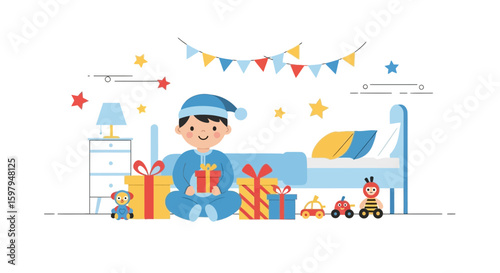 Excited Little Boy Receives Many Presents In His Room On Christmas Eve