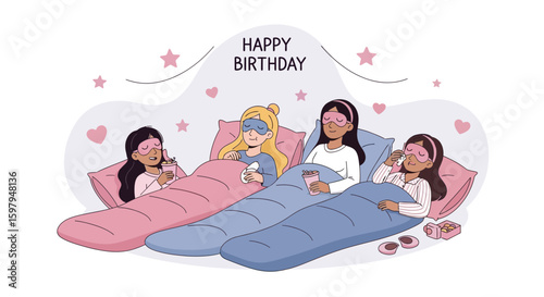 Girls Pajama Party Celebrating Birthday Sleepover And Having Fun Together Illustration