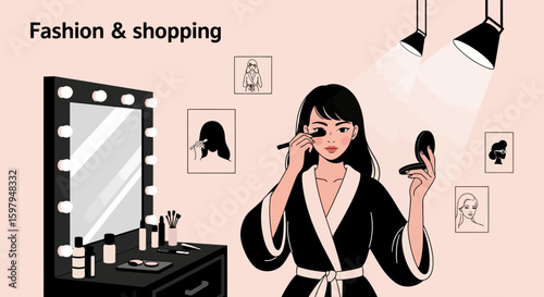 Glamorous Woman Applying Makeup In Front Of A Vanity Mirror At Her Room