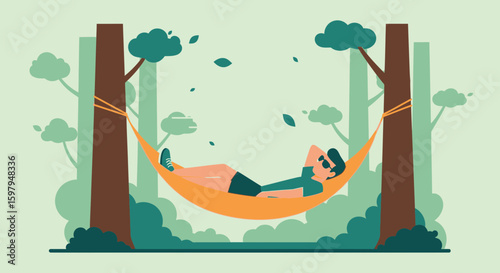 Man Relaxing In Hammock Between Trees On Summer Getaway Vacation