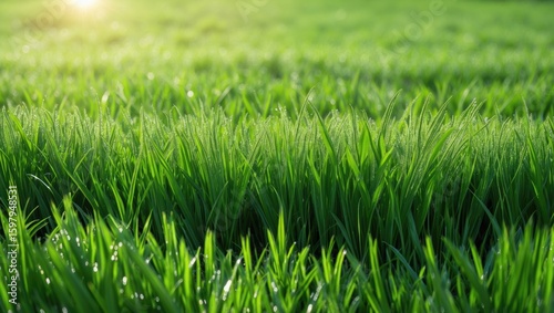 Wallpaper Mural Lush green grass field during daytime with sunlight and dew drops. Nature, outdoor, scenery. The freshness and vibrancy of the landscape. Torontodigital.ca