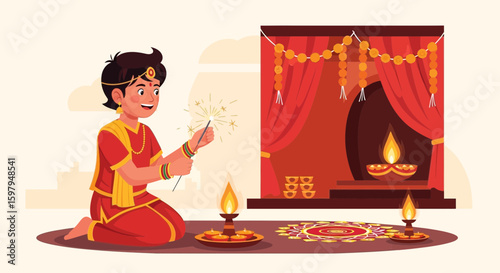 Joyful Diwali Celebration With Sparklers And Traditional Diyas Decorations