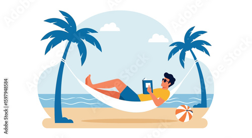 Man Relaxing In Hammock Under Palm Trees On Beach Reading A Book