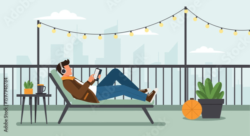 Man Relaxing On A Balcony With Headphones Reading A Tablet Device