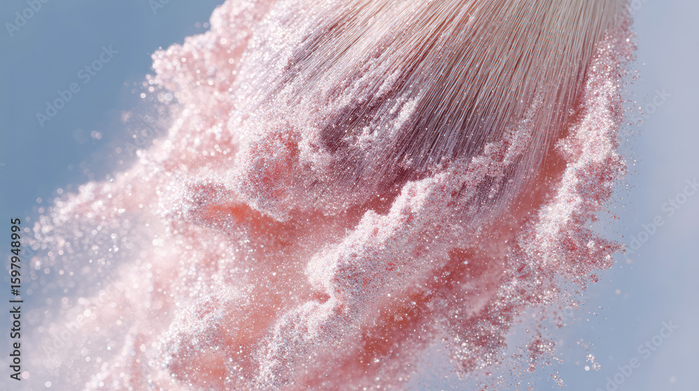 Fototapeta premium Close up cosmetic pink powder on makeup brush floats lightly on pastel background. Powder explosion effect