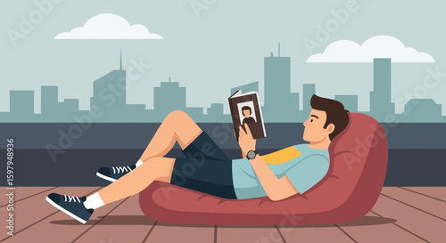 Man Relaxing On Beanbag Chair Reading Book Overlooking City Skyline