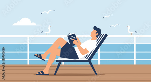 Man Relaxing On Cruise Enjoying Sea Breeze and Reading A Book Vacation Concept