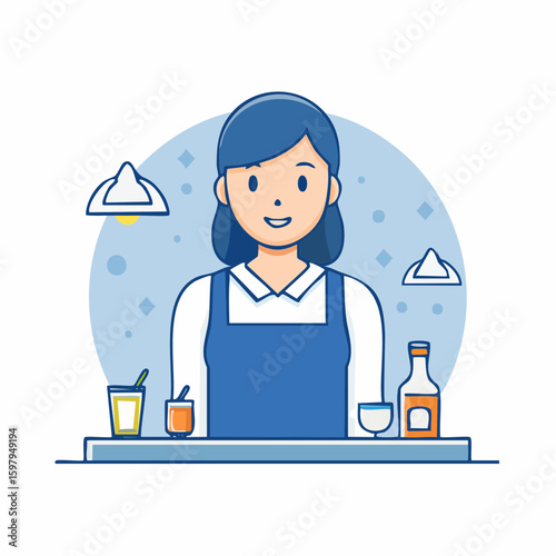 A cheerful bartender stands behind the counter, surrounded by glassware, drinks, and bottles, with a warm smile, embodying hospitality.