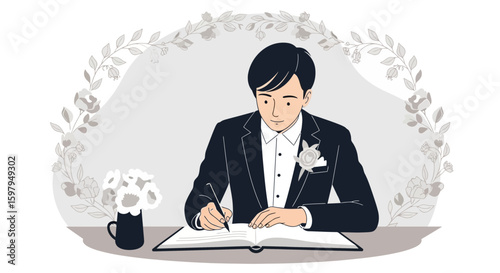 Groom Signs Wedding Register In Classic Formal Wear Among Floral Decorations