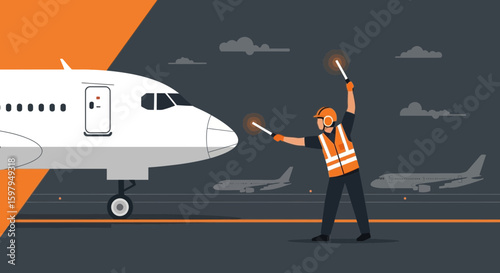 Ground Crew Directing Airplane on Tarmac with Orange Safety Vest and Light Sticks