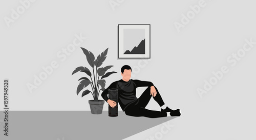 Man Resting After Workout With Foam Roller Indoor Plant And Wall Decor