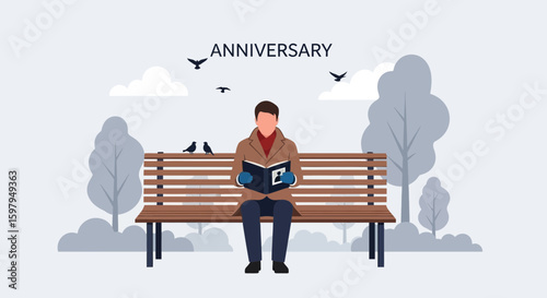 Man Reminiscing Anniversary In Nature Park With Photo Album Sitting On Bench