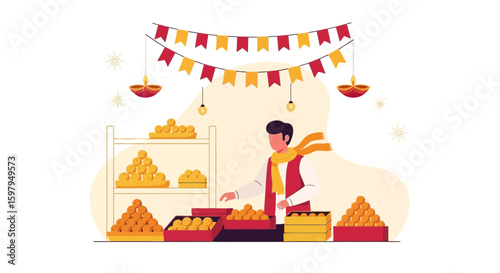Man Selling Sweets at a Diwali Festival Market stall with Decoration Vector
