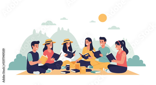 Group Of Friends Enjoying Reading Books Outdoors During A Sunny Day
