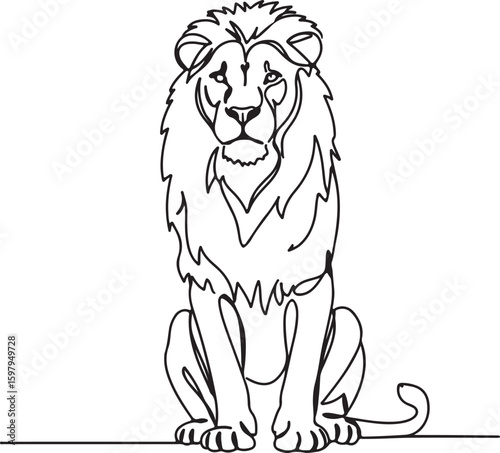 Creative line art of a lion sitting tall, drawn in one unbroken stroke, black and white minimalist vector drawing,