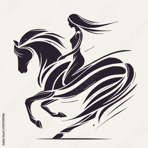 Minimilist silhouette art of a woman riding a horse equestrian illustration black and white vector graphic design art vector