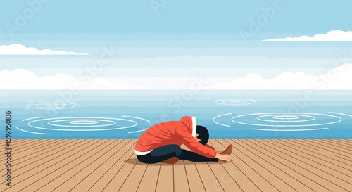 Man Stretching Legs At Lake During Early Morning Fitness Concept