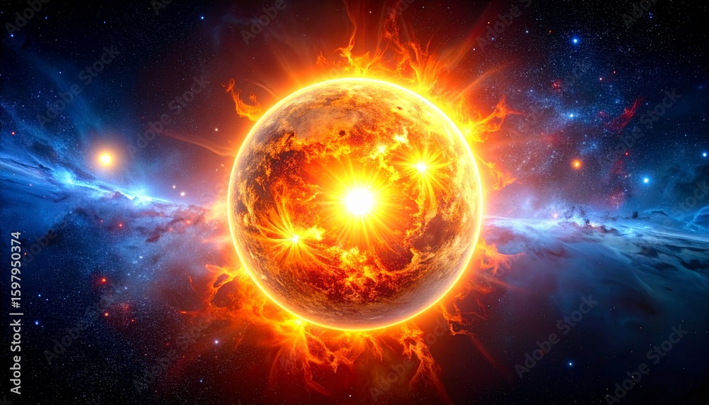 Obraz premium A glowing sun surrounded by a fiery nebula in deep space, creating a dramatic and powerful cosmic image