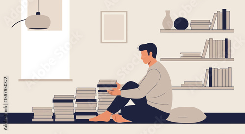 Man Surrounded By Books Reading At Home During Quarantine Leisure Time