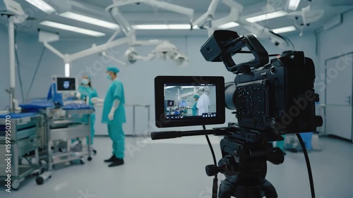 Behind the scenes filming medical surgery operation in hospital operating room with camera crew shot. Medical team in surgery room. Doctors use modern video camera