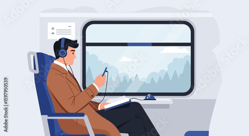 Man Traveling By Train Enjoying Music And Landscape Scenery Through Window