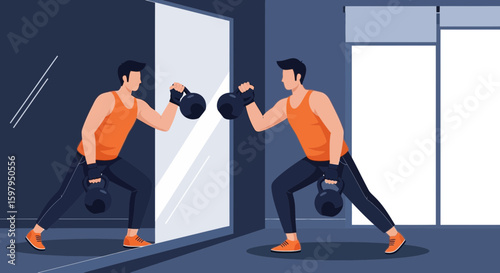 Man Training With Kettlebell Strength Exercises In Gym And Mirror Illustration