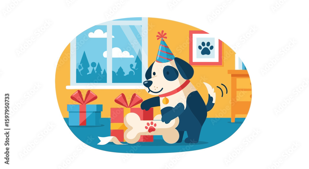 Fototapeta premium Joyful Pup Celebrates Birthday With Presents And Bone Indoors Holiday Scene