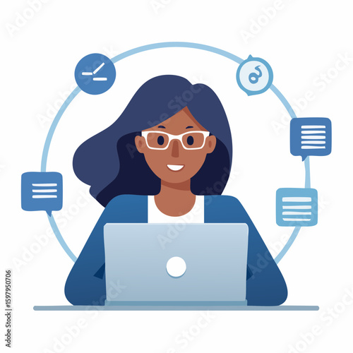 A vibrant illustration of a woman using a laptop, showcasing technology integration with work life.