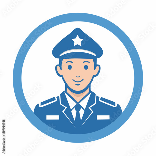 A graphic depiction of a smiling police officer, rendered in a clean, modern style, suitable for law and order themes.