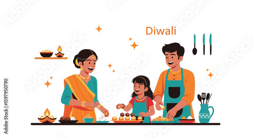 Family Preparing Traditional Sweets Together At Home Celebrating Diwali Festival