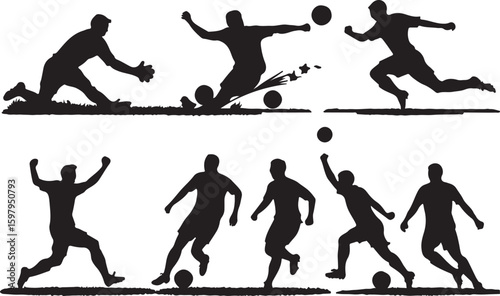 Silhouettes of football and basketball players in action running and kicking ball vector illustration