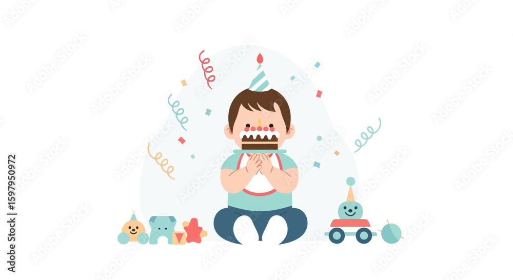 Fototapeta premium Joyful Toddler Celebrates First Birthday With Cake And Colorful Decorations Illustration