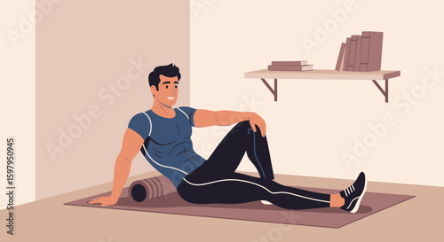 Man Using Foam Roller For Back Pain Relief And Muscle Recovery At Home