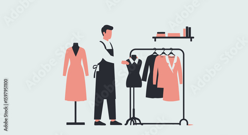 Fashion Designer Creates Custom Dresses in Their Workshop Illustration