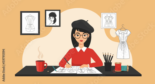 Fashion Designer Creates New Clothes Sketches In Her Atelier With Coffee