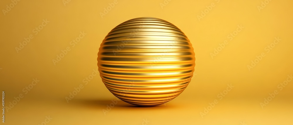 Fototapeta premium A shiny, golden spherical object with ridges, set against a smooth yellow background, evoking luxury and creativity, Ideal for branding, design projects, or as a stunning decorative element,