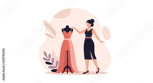 Fashion Designer Creating A New Dress On A Mannequin At Her Studio