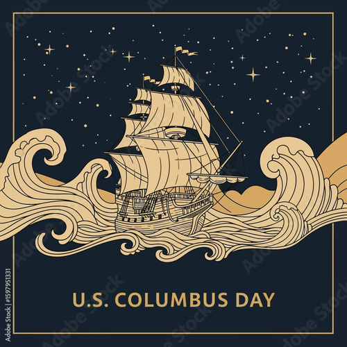 Sailing the Seas: A meticulously illustrated image of a historical sailing vessel navigating the turbulent waters of the open ocean under a starry night sky.