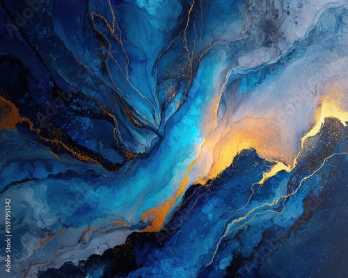 Abstract Marbled Background Design With Blue Grey Gold Colors