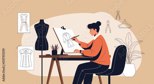 Fashion Designer Creating Sketches In Her Studio At A Drawing Table