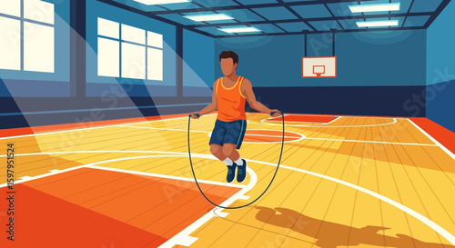 Jumping Rope Man Exercising In Indoor Basketball Court For Fitness