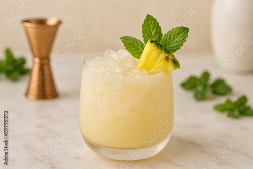 Tropical Pineapple Coconut Rum cocktail in a short round glass with crushed ice, creamy pale yellow, garnished with pineapple wedge and mint sprig, soft light on marble surface.	
