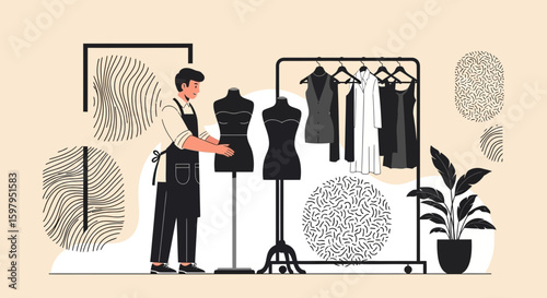 Fashion Designer In Studio Creating New Designs With Mannequins And Garments