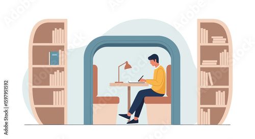 Man Working Inside Soundproof Booth At The Library In A Calm Cozy Environment